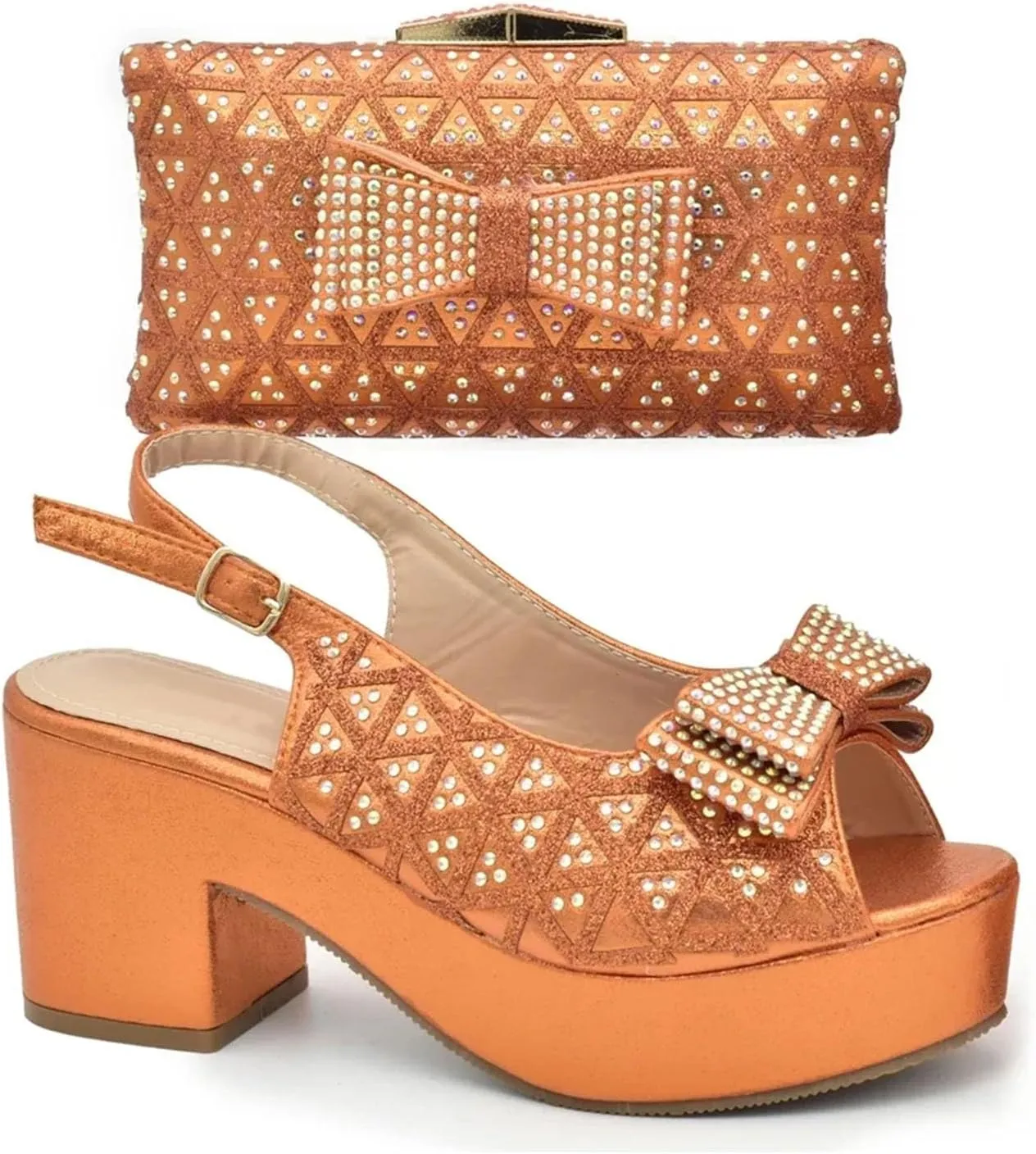 Women's African Women Wedding Shoe & Bag Set - Purple Rhinestone Wedge Pumps & Matching Clutch for Party Celebrations