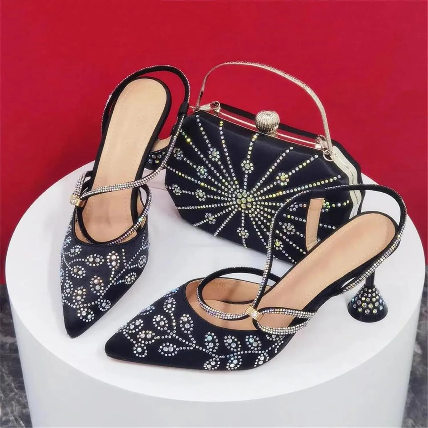 Women's Black INS Style Bridal Set - Artisan-Crafted Heels & Pearl-Clasp Clutch for Nigerian Traditional Weddings