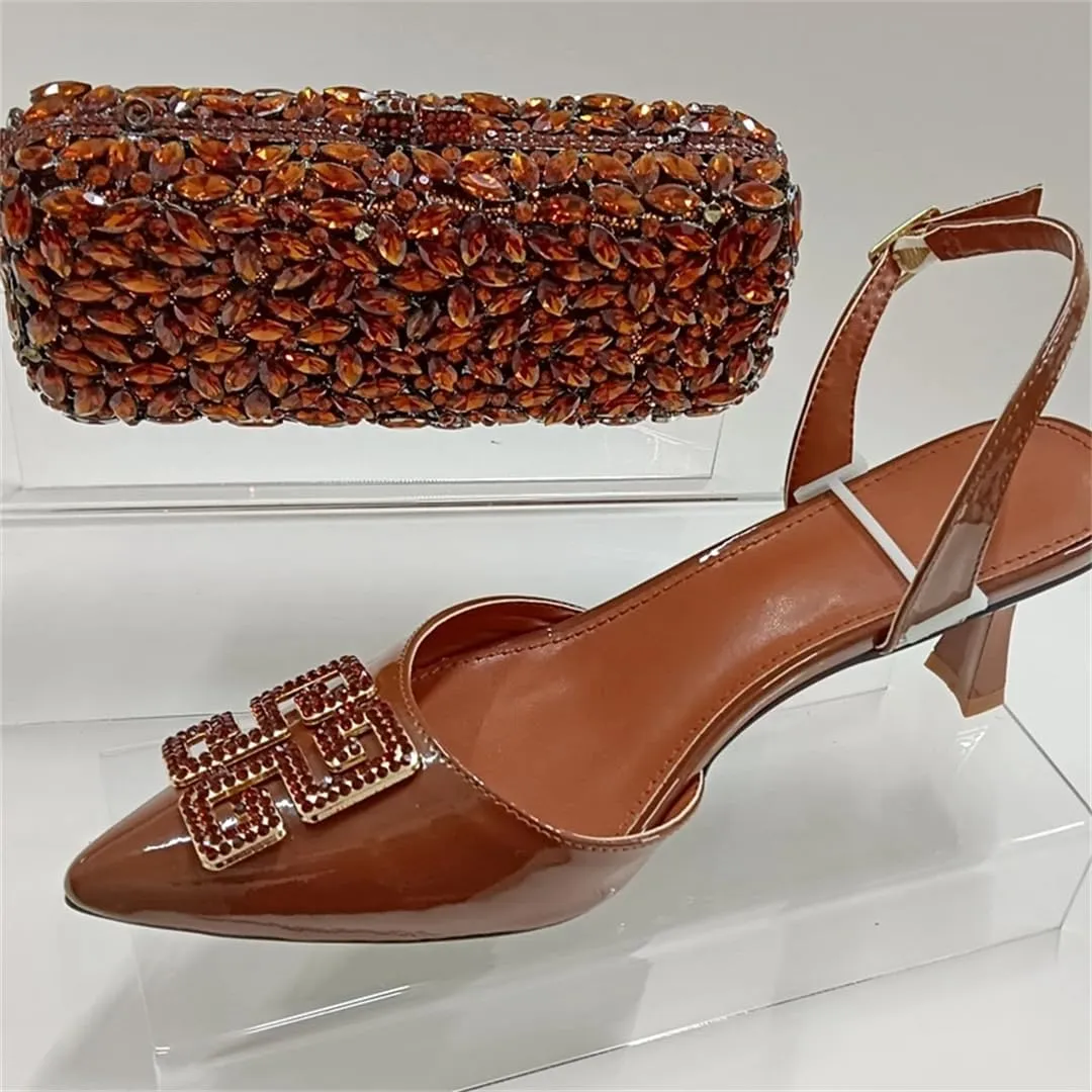WomenS Brown Crystals High-Heeled Sandals And Clutch Bag Set Ankle Strap T-Tied Design For Party
