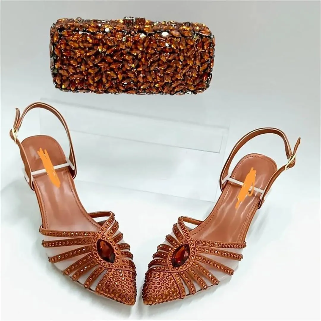 WomenS Brown Crystals High-Heeled Sandals And Clutch Bag Set Ankle Strap T-Tied Design For Party