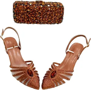 WomenS Brown Crystals High-Heeled Sandals And Clutch Bag Set Ankle Strap T-Tied Design For Party