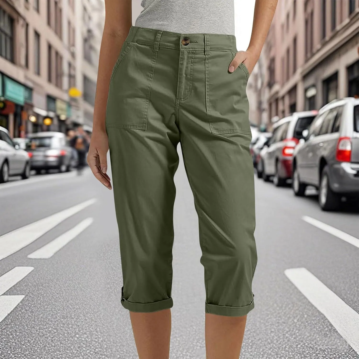 Women's Button Down Capris Pant Side Pocket Curve Hem Sweatpant Straight Tube Trendy Trouser Solid Summer Pants