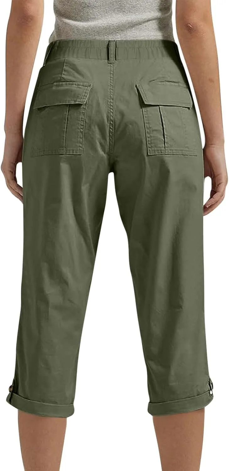 Women's Button Down Capris Pant Side Pocket Curve Hem Sweatpant Straight Tube Trendy Trouser Solid Summer Pants