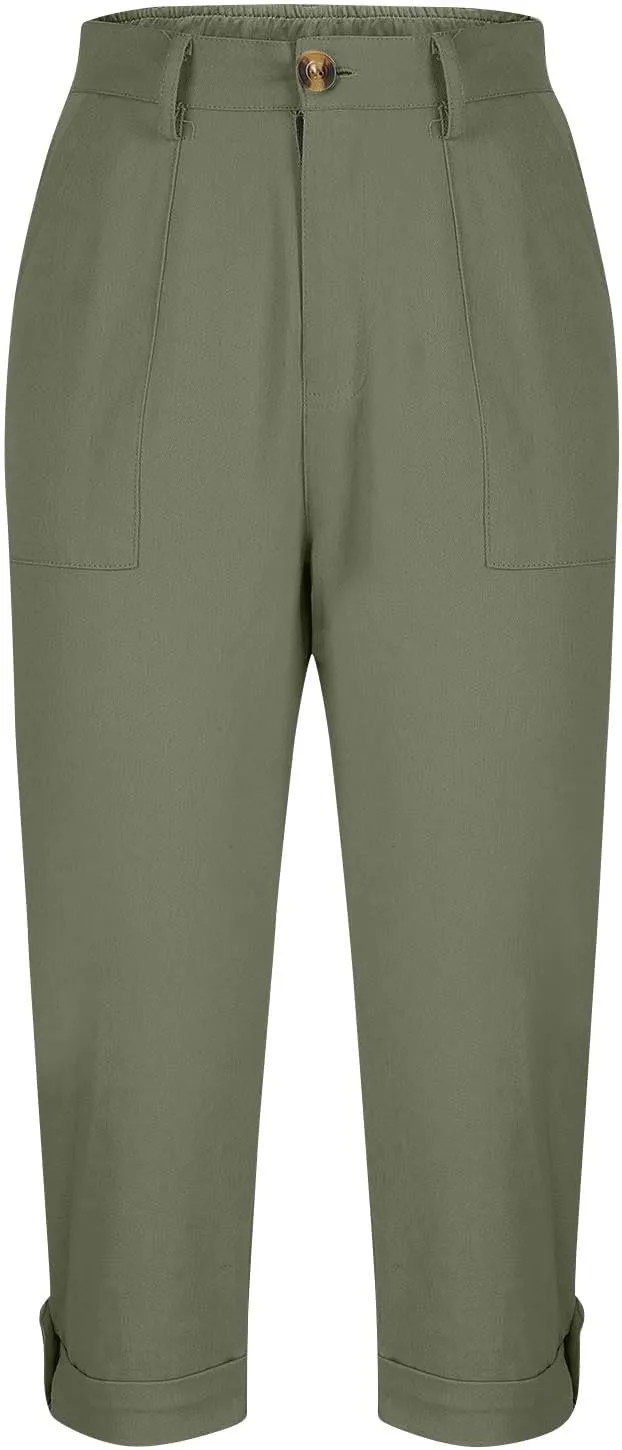 Women's Button Down Capris Pant Side Pocket Curve Hem Sweatpant Straight Tube Trendy Trouser Solid Summer Pants