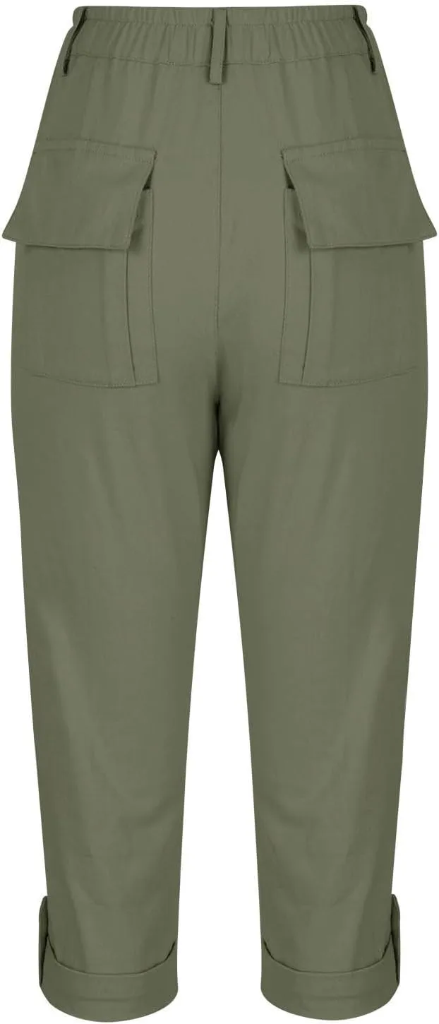 Women's Button Down Capris Pant Side Pocket Curve Hem Sweatpant Straight Tube Trendy Trouser Solid Summer Pants