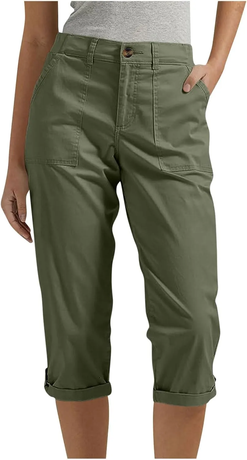Women's Button Down Capris Pant Side Pocket Curve Hem Sweatpant Straight Tube Trendy Trouser Solid Summer Pants