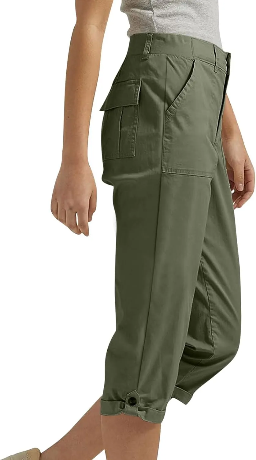Women's Button Down Capris Pant Side Pocket Curve Hem Sweatpant Straight Tube Trendy Trouser Solid Summer Pants