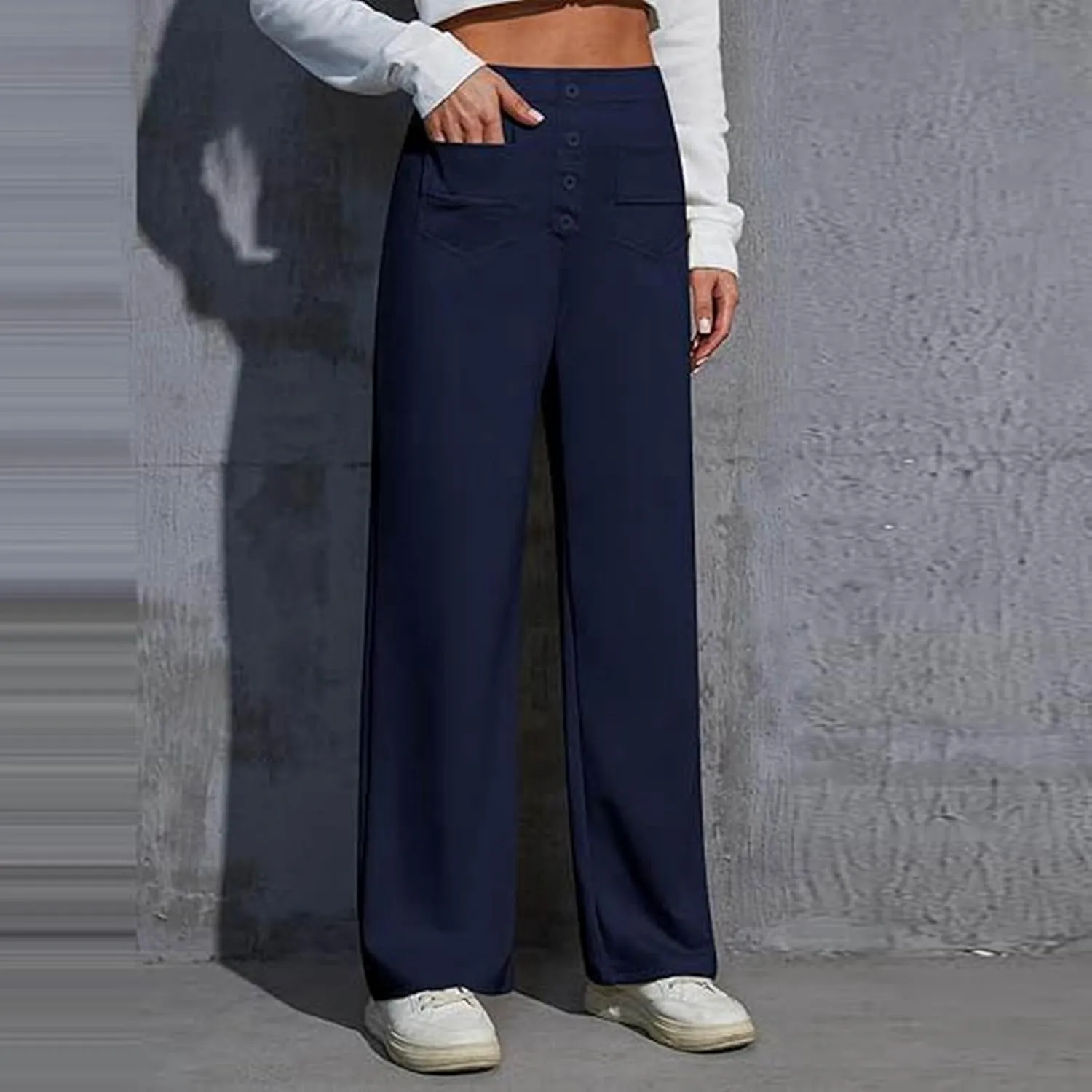 Womens Casual High Waist Straight Leg Pants Stretchy Button Business Dress Work Pocket Trousers Flat Front Slacks