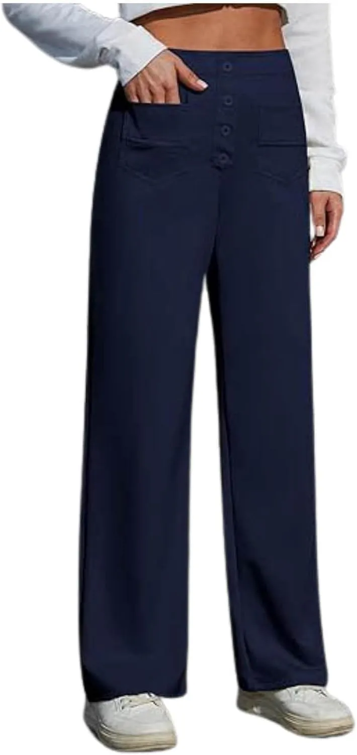 Womens Casual High Waist Straight Leg Pants Stretchy Button Business Dress Work Pocket Trousers Flat Front Slacks