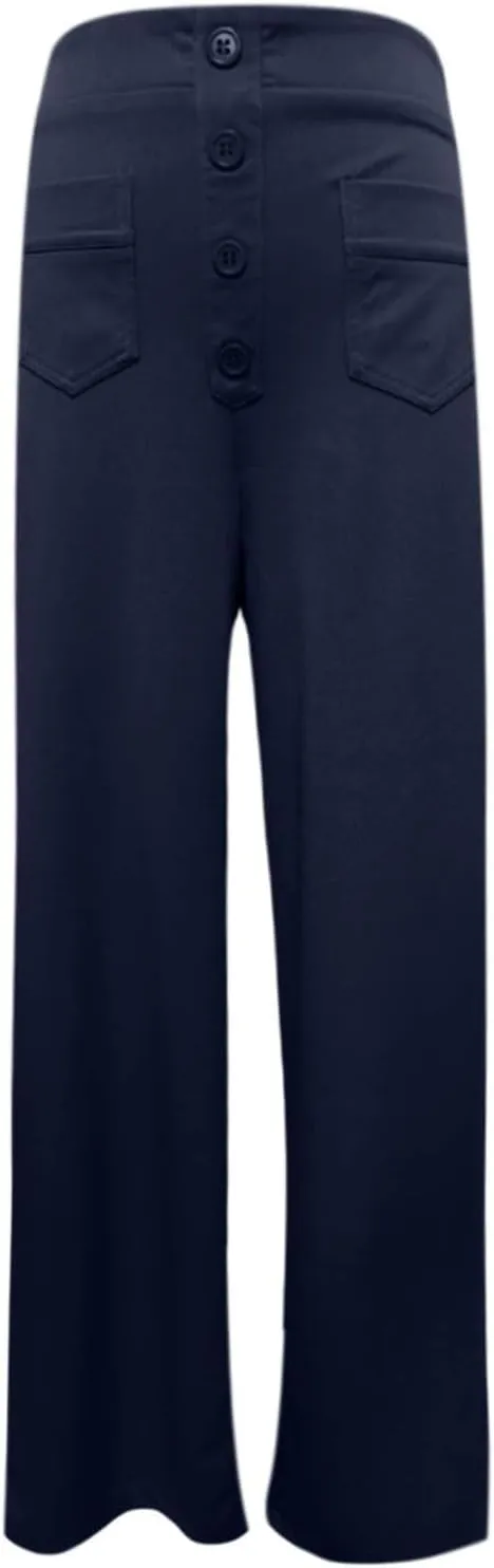 Womens Casual High Waist Straight Leg Pants Stretchy Button Business Dress Work Pocket Trousers Flat Front Slacks