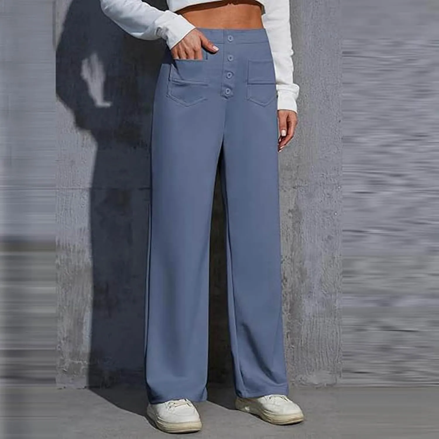 Womens Casual High Waist Straight Leg Pants Stretchy Button Business Dress Work Pocket Trousers Flat Front Slacks