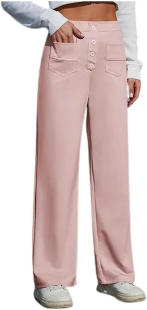 Womens Casual High Waist Straight Leg Pants Stretchy Button Business Dress Work Pocket Trousers Flat Front Slacks