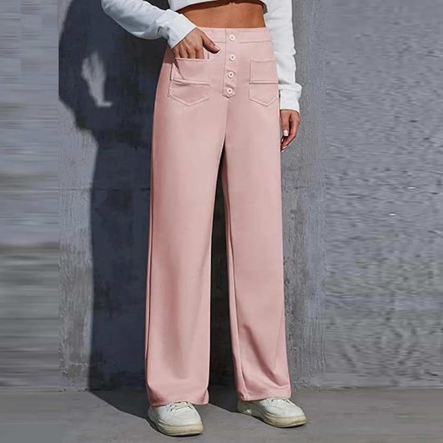 Womens Casual High Waist Straight Leg Pants Stretchy Button Business Dress Work Pocket Trousers Flat Front Slacks