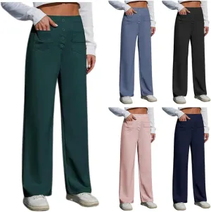 Womens Casual High Waist Straight Leg Pants Stretchy Button Business Dress Work Pocket Trousers Flat Front Slacks