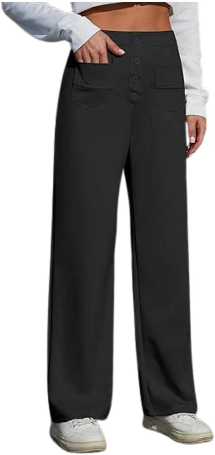 Womens Casual High Waist Straight Leg Pants Stretchy Button Business Dress Work Pocket Trousers Flat Front Slacks