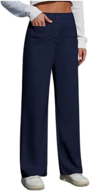 Womens Casual High Waist Straight Leg Pants Stretchy Button Business Dress Work Pocket Trousers Flat Front Slacks