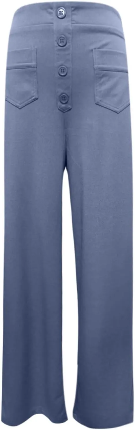 Womens Casual High Waist Straight Leg Pants Stretchy Button Business Dress Work Pocket Trousers Flat Front Slacks
