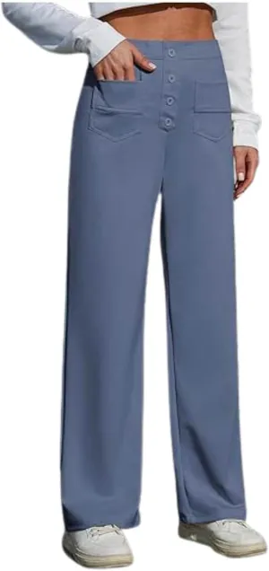 Womens Casual High Waist Straight Leg Pants Stretchy Button Business Dress Work Pocket Trousers Flat Front Slacks