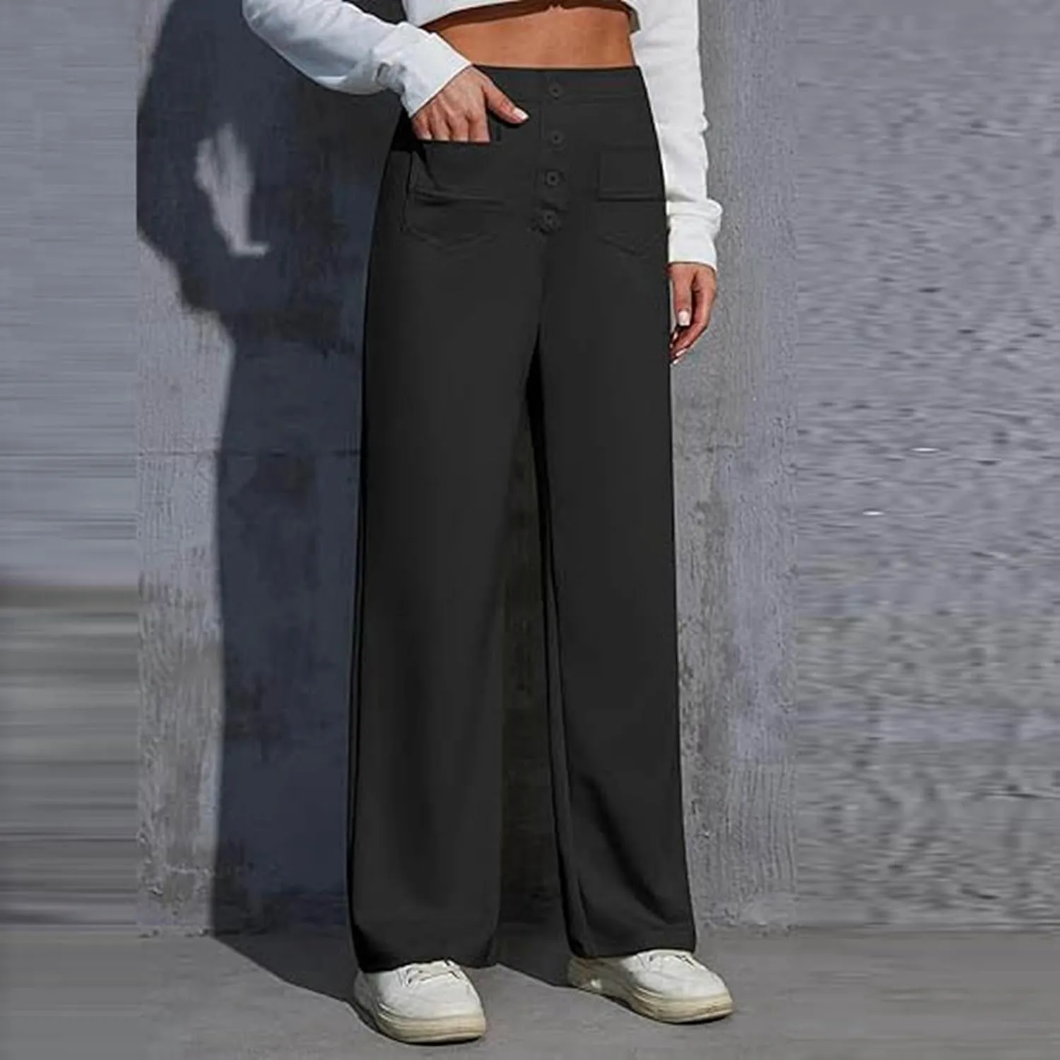Womens Casual High Waist Straight Leg Pants Stretchy Button Business Dress Work Pocket Trousers Flat Front Slacks