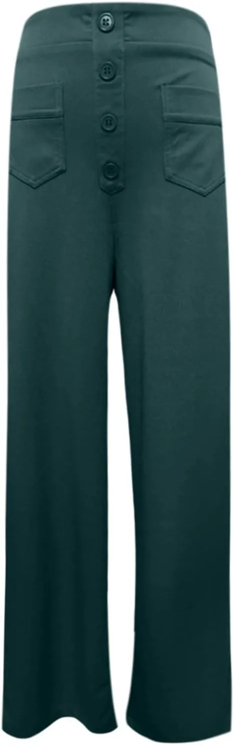 Womens Casual High Waist Straight Leg Pants Stretchy Button Business Dress Work Pocket Trousers Flat Front Slacks