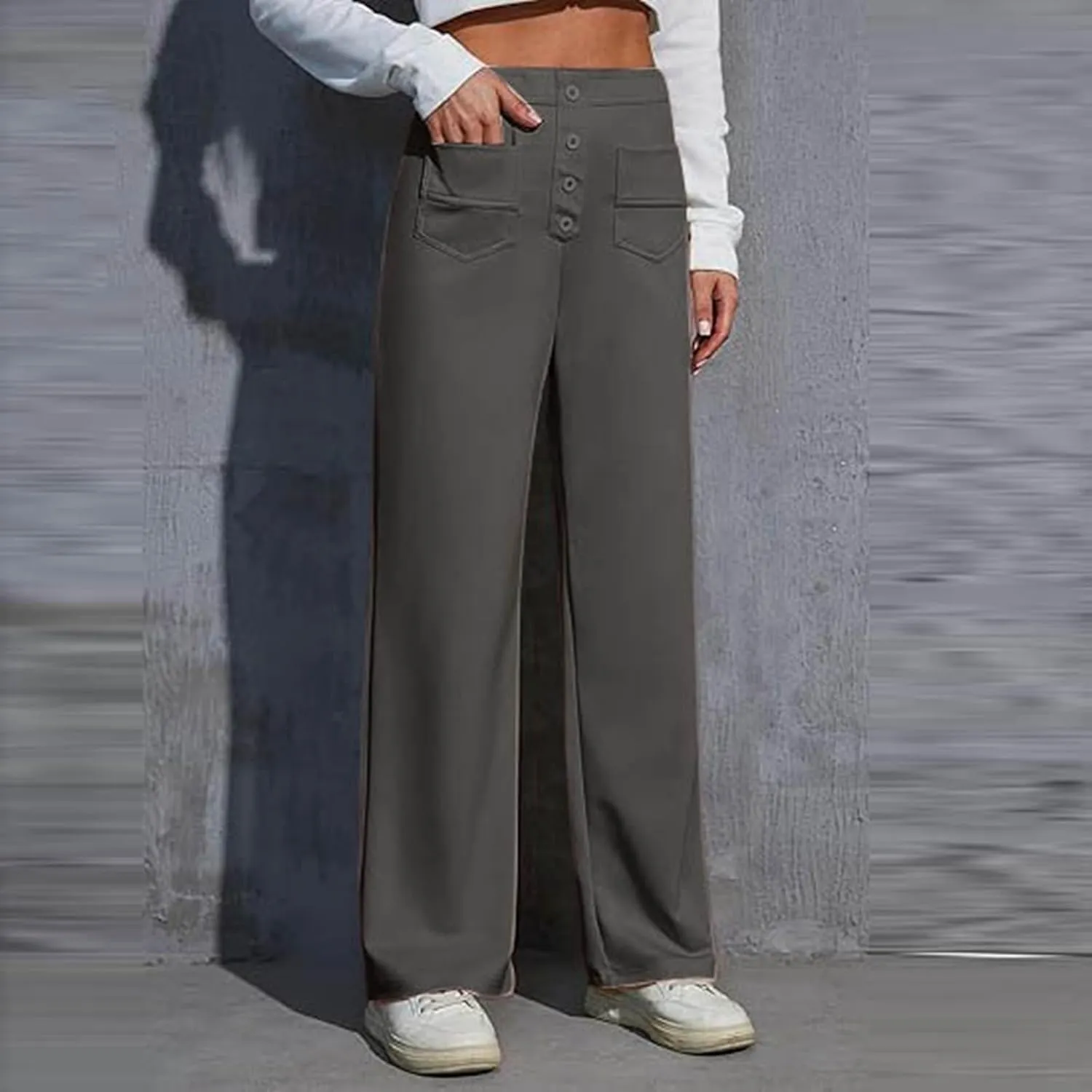 Womens Casual High Waist Straight Leg Pants Stretchy Button Business Dress Work Pocket Trousers Flat Front Slacks
