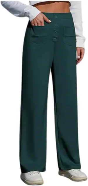 Womens Casual High Waist Straight Leg Pants Stretchy Button Business Dress Work Pocket Trousers Flat Front Slacks