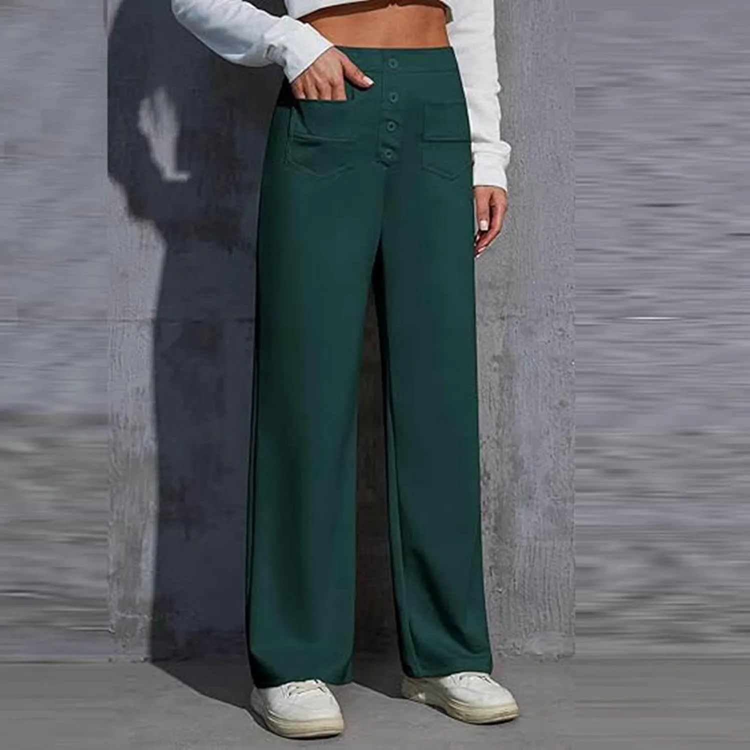 Womens Casual High Waist Straight Leg Pants Stretchy Button Business Dress Work Pocket Trousers Flat Front Slacks