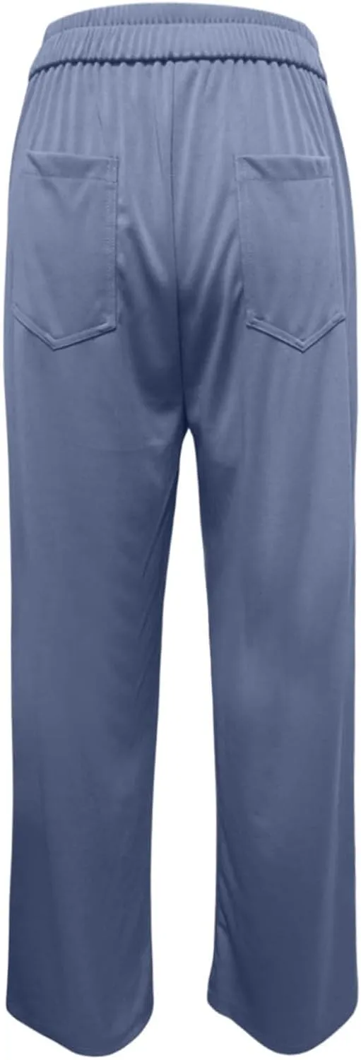 Womens Casual High Waist Straight Leg Pants Stretchy Button Business Dress Work Pocket Trousers Flat Front Slacks