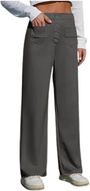 Womens Casual High Waist Straight Leg Pants Stretchy Button Business Dress Work Pocket Trousers Flat Front Slacks