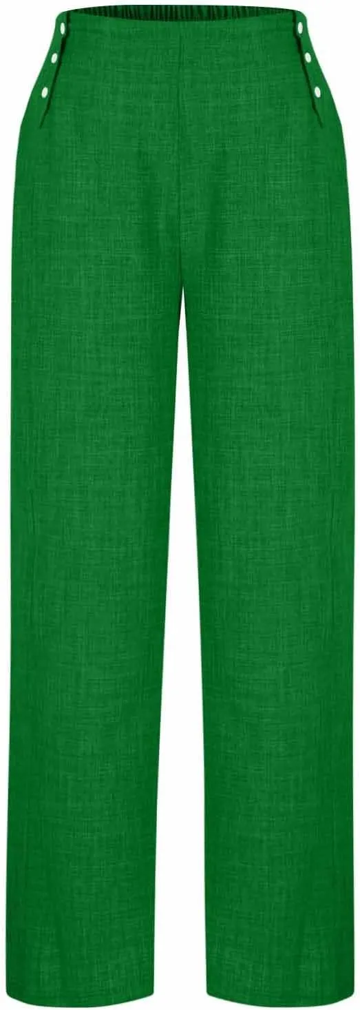 Womens Casual Linen Wide Leg Pants Elastic High Waist Palazzo Trousers Boho Beach Vacation Lounge Slacks with Pocket