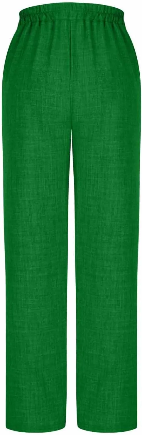 Womens Casual Linen Wide Leg Pants Elastic High Waist Palazzo Trousers Boho Beach Vacation Lounge Slacks with Pocket