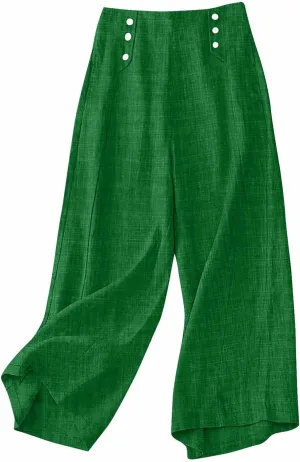 Womens Casual Linen Wide Leg Pants Elastic High Waist Palazzo Trousers Boho Beach Vacation Lounge Slacks with Pocket