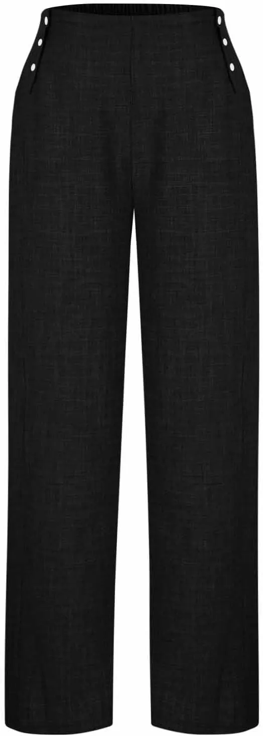 Womens Casual Linen Wide Leg Pants Elastic High Waist Palazzo Trousers Boho Beach Vacation Lounge Slacks with Pocket