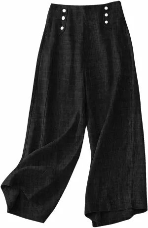 Womens Casual Linen Wide Leg Pants Elastic High Waist Palazzo Trousers Boho Beach Vacation Lounge Slacks with Pocket