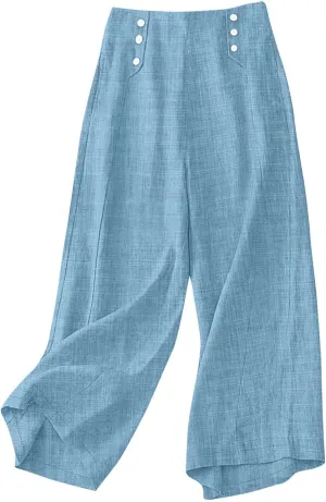 Womens Casual Linen Wide Leg Pants Elastic High Waist Palazzo Trousers Boho Beach Vacation Lounge Slacks with Pocket