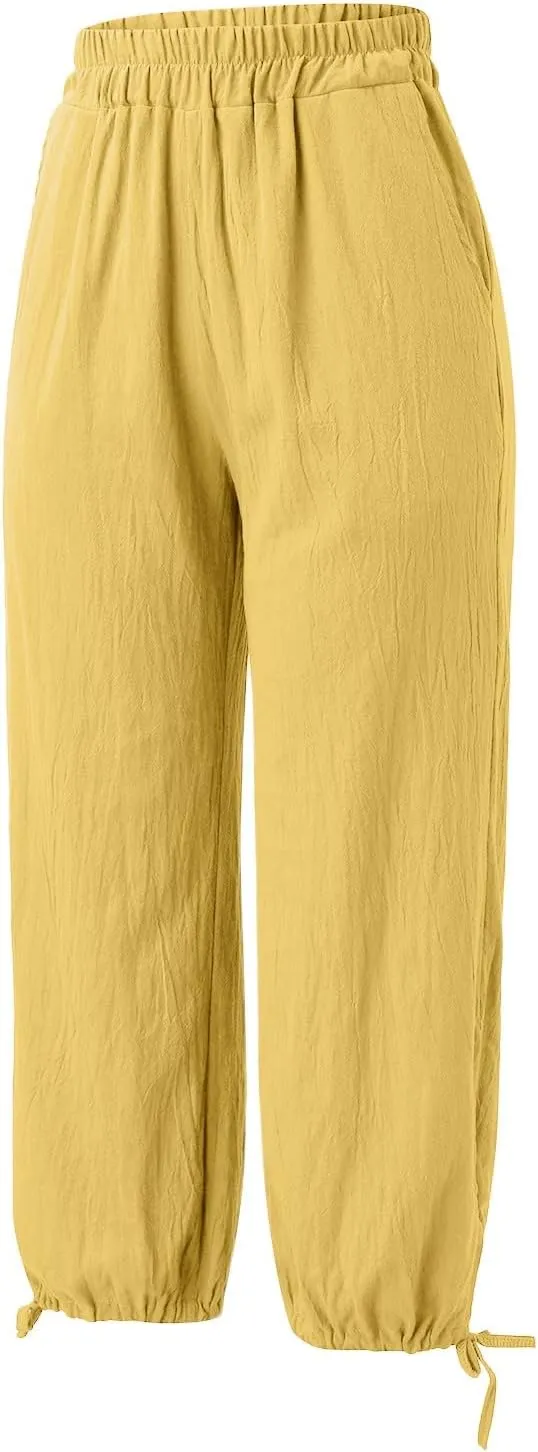 Women's Casual Solid Cotton Linen High Waist Yoga Sweatpatns Simple Trendy Lightweight Straight Wide Leg Baggy Pants