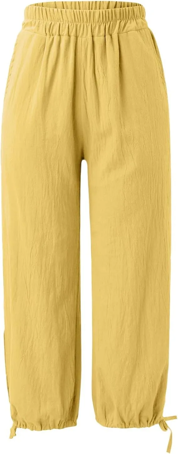 Women's Casual Solid Cotton Linen High Waist Yoga Sweatpatns Simple Trendy Lightweight Straight Wide Leg Baggy Pants