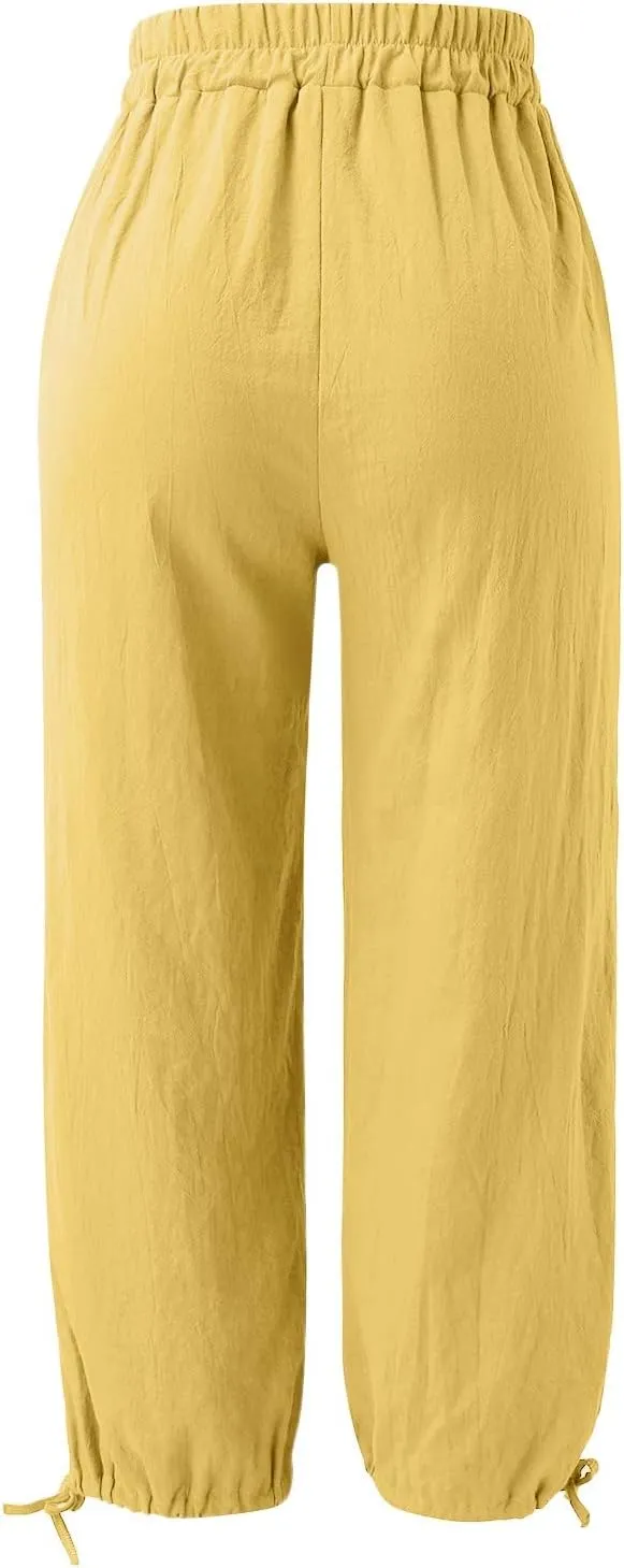 Women's Casual Solid Cotton Linen High Waist Yoga Sweatpatns Simple Trendy Lightweight Straight Wide Leg Baggy Pants