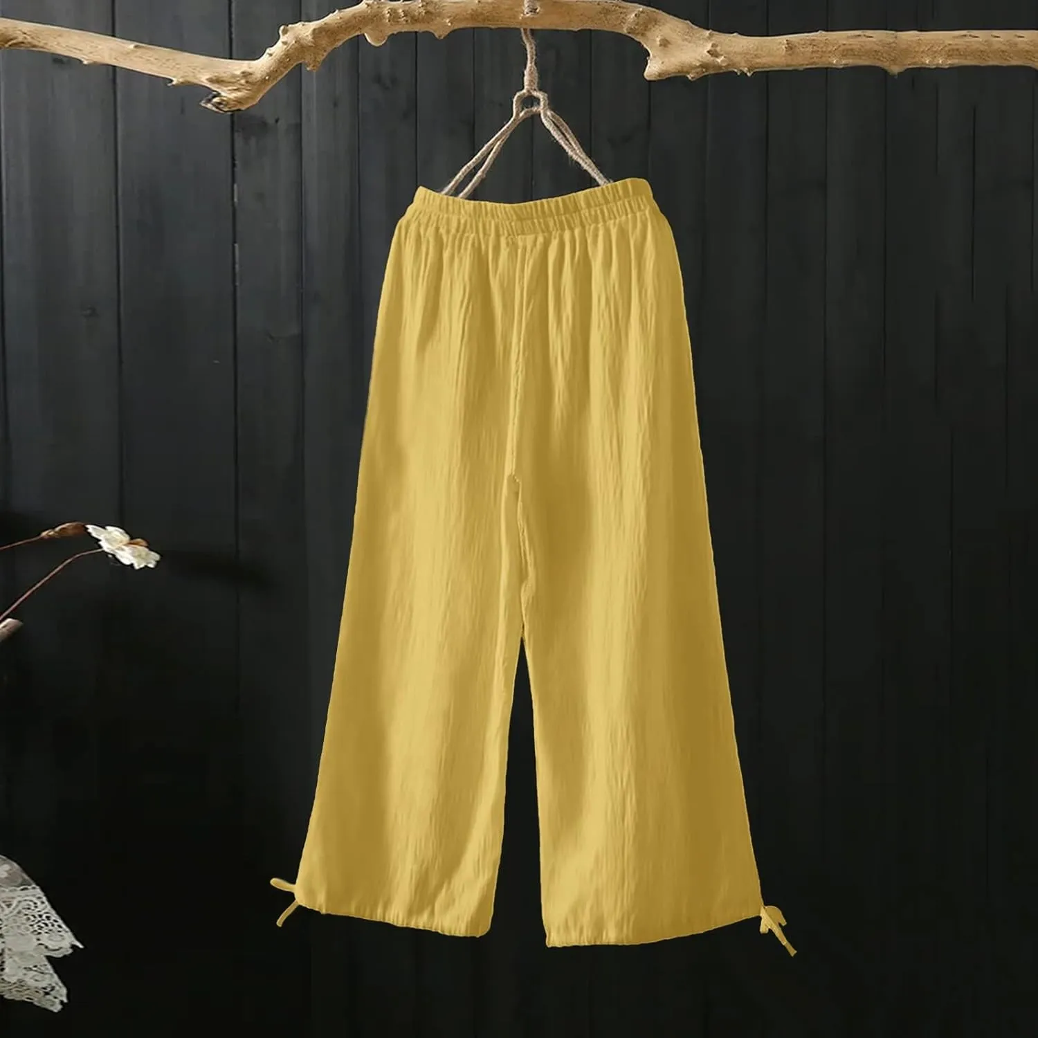 Women's Casual Solid Cotton Linen High Waist Yoga Sweatpatns Simple Trendy Lightweight Straight Wide Leg Baggy Pants