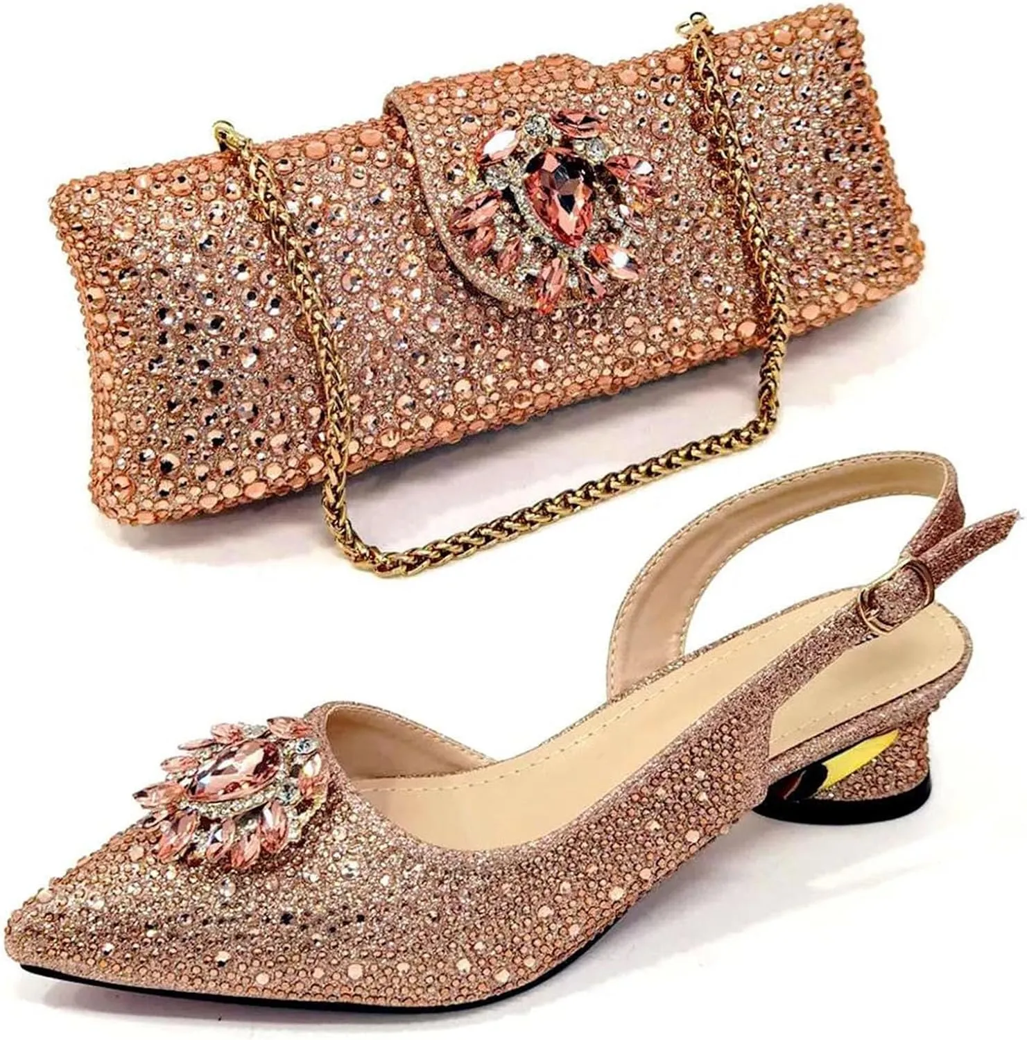 Women's Champagne Elegance Party Set - Rhinestone High Heels & Embellished Clutch Bag