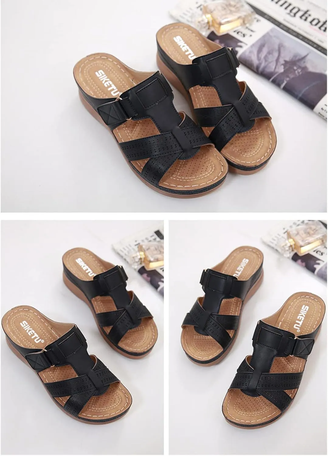 Womens Comfortable Orthopedic Wedge Open Toe Sandals with Arch Support Slip on Platform Orthotic Dressy Wedge Slipper Summer Casual Fish Mouth Hollow Slides Flip Flops Breathable Lightweight Slipper