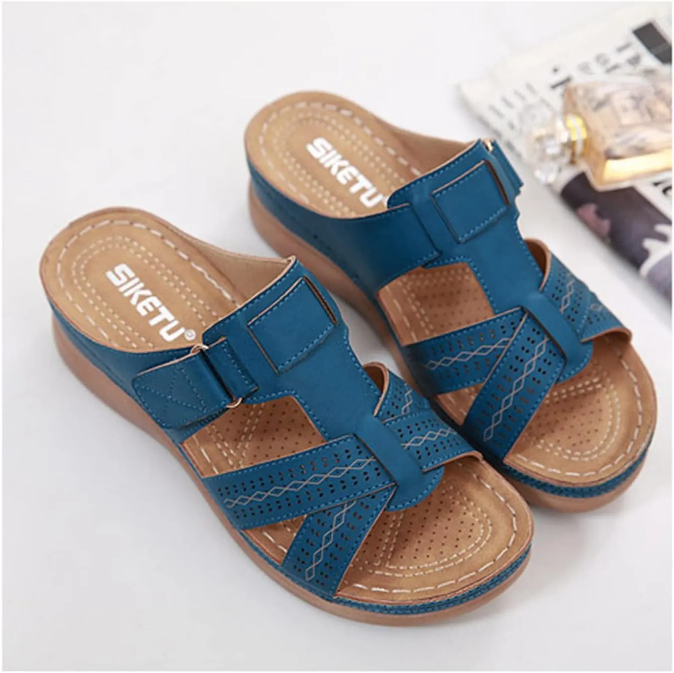Womens Comfortable Orthopedic Wedge Open Toe Sandals with Arch Support Slip on Platform Orthotic Dressy Wedge Slipper Summer Casual Fish Mouth Hollow Slides Flip Flops Breathable Lightweight Slipper