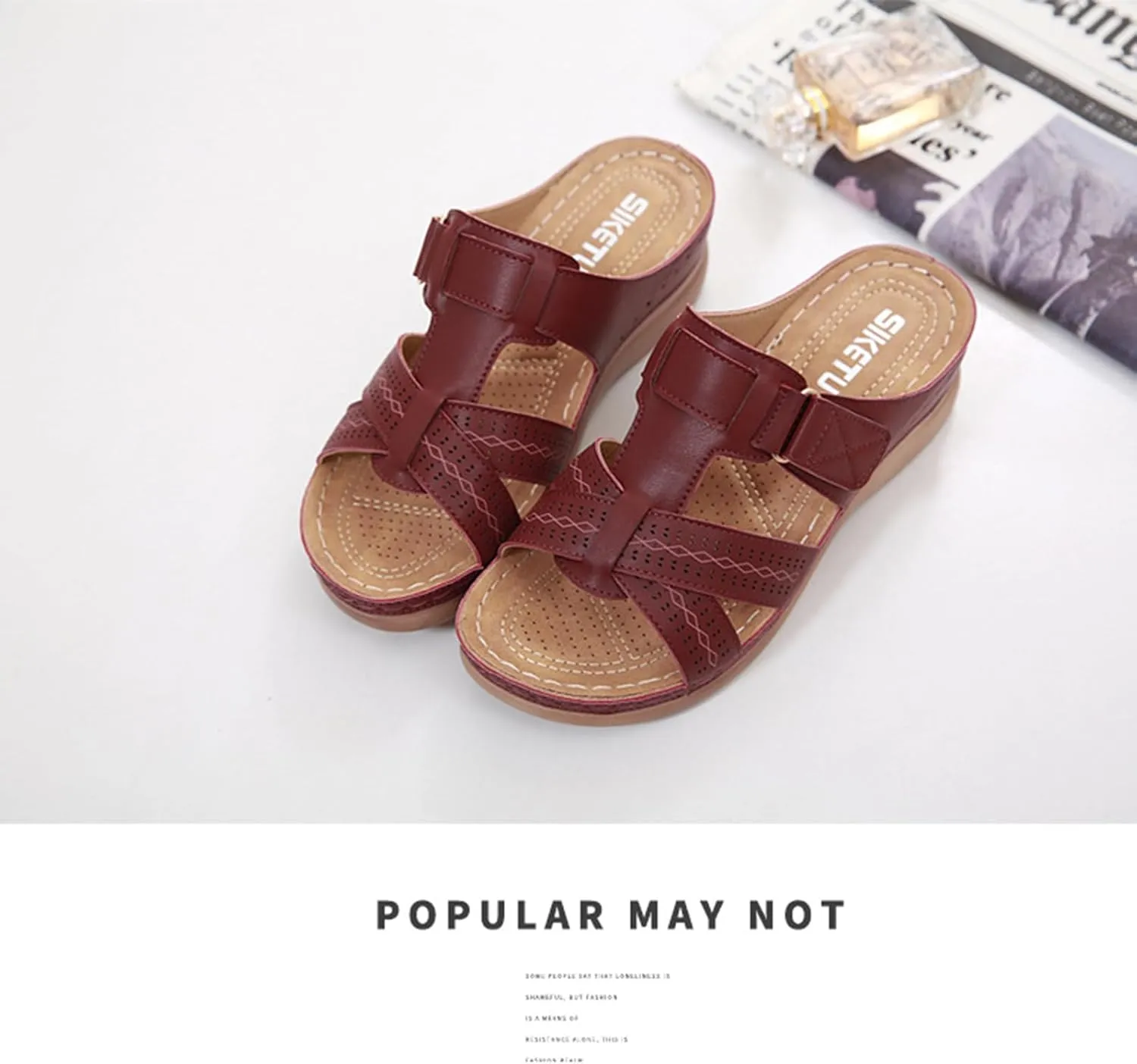 Womens Comfortable Orthopedic Wedge Open Toe Sandals with Arch Support Slip on Platform Orthotic Dressy Wedge Slipper Summer Casual Fish Mouth Hollow Slides Flip Flops Breathable Lightweight Slipper