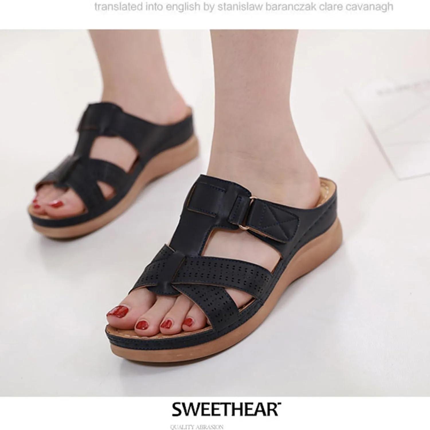 Womens Comfortable Orthopedic Wedge Open Toe Sandals with Arch Support Slip on Platform Orthotic Dressy Wedge Slipper Summer Casual Fish Mouth Hollow Slides Flip Flops Breathable Lightweight Slipper