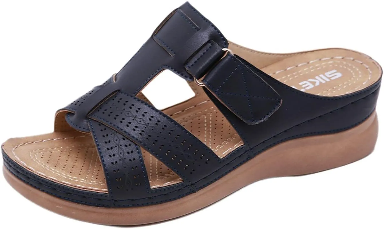 Womens Comfortable Orthopedic Wedge Open Toe Sandals with Arch Support Slip on Platform Orthotic Dressy Wedge Slipper Summer Casual Fish Mouth Hollow Slides Flip Flops Breathable Lightweight Slipper