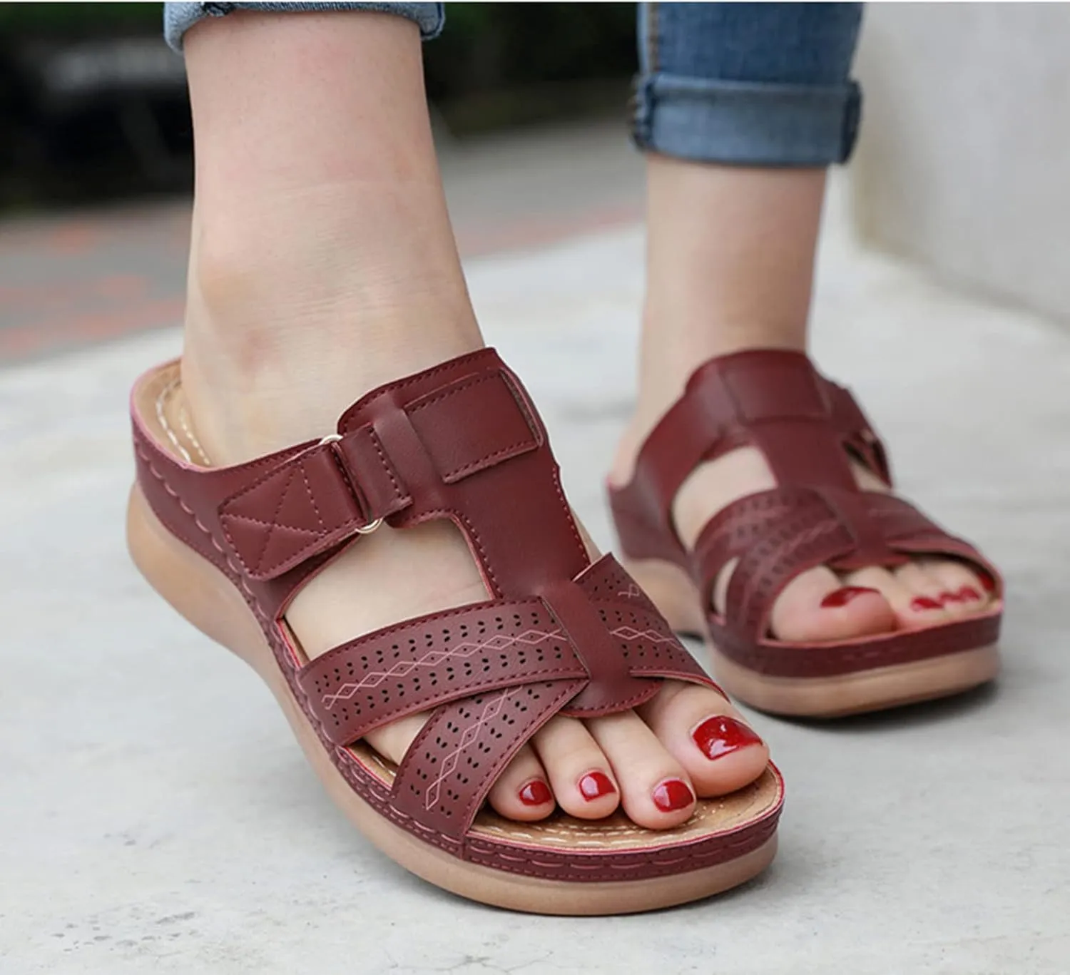 Womens Comfortable Orthopedic Wedge Open Toe Sandals with Arch Support Slip on Platform Orthotic Dressy Wedge Slipper Summer Casual Fish Mouth Hollow Slides Flip Flops Breathable Lightweight Slipper
