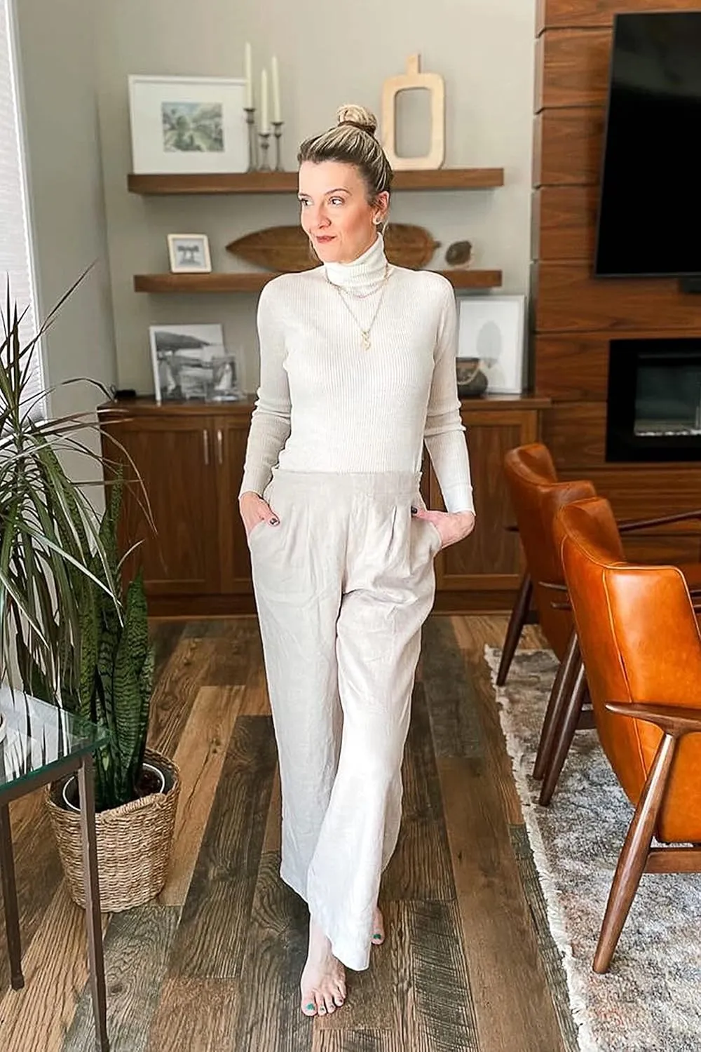 Women's Drape Linen Pants Summer Wide Leg Trousers Compact Fabric with Pockets