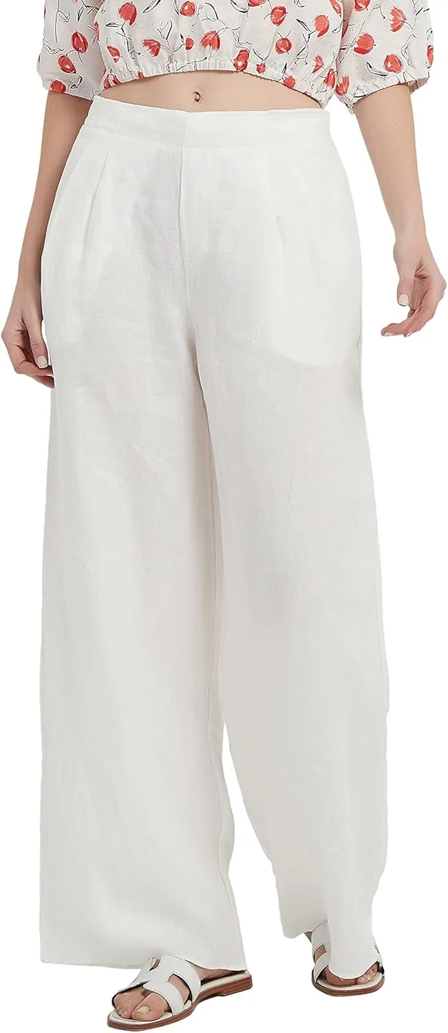 Women's Drape Linen Pants Summer Wide Leg Trousers Compact Fabric with Pockets