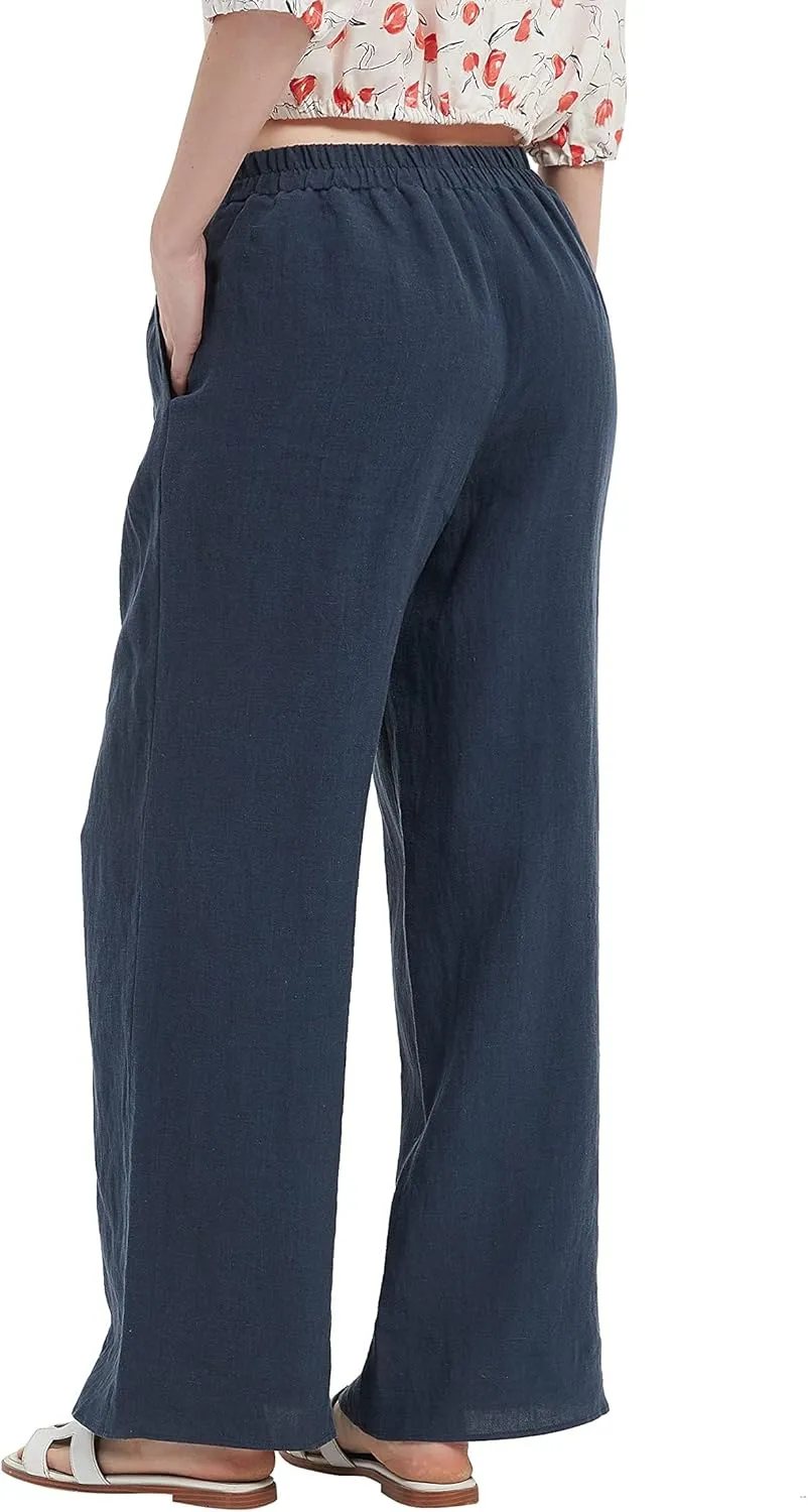 Women's Drape Linen Pants Summer Wide Leg Trousers Compact Fabric with Pockets