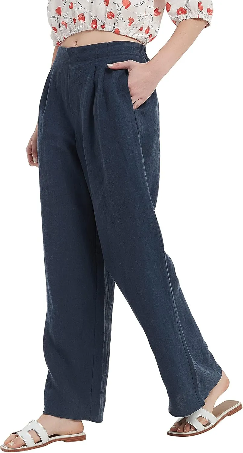 Women's Drape Linen Pants Summer Wide Leg Trousers Compact Fabric with Pockets